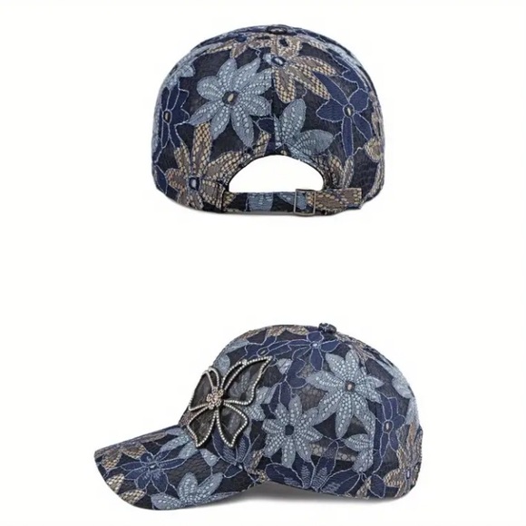 Butterfly on Pinkish Brown & Blue Lace Baseball Cap - Picture 6 of 9